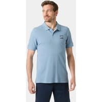 Navy Helly Hansen men's fitted polo with graphic logo on chest, short sleeves, and classic collar.