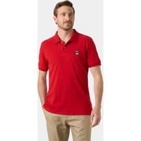 Red Helly Hansen men's polo shirt, fitted style, with small logo on chest, short sleeves, and buttoned collar.
