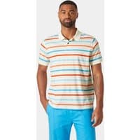 White Helly Hansen Newport Polo 2.0, short-sleeve, colorful horizontal stripes, small collar, buttoned front, size S.