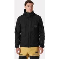 Black Helly Hansen men's hooded insulator jacket, lightweight with front zipper, subtle logo on chest, size 2XL.