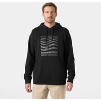 Black Helly Hansen Shoreline hoodie with drawstring hood and wave graphic on chest, size L.