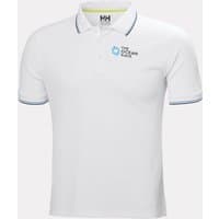 White Helly Hansen polo shirt with Ocean Race logo, short sleeves, and blue trim on collar and cuffs.