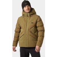 Brown Helly Hansen men's down jacket, hooded, quilted design, zip front, and logo on chest, size XL.