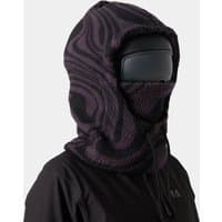 Purple Helly Hansen over helmet hood with black abstract pattern, adjustable drawstring, and face-covering design.
