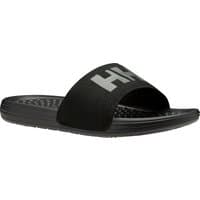 Black Helly Hansen slide sandal with wide strap, gray "HH" logo, and textured footbed, size 8.