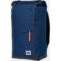 Blue Helly Hansen waterproof backpack, 28L, with roll-top closure, front pocket, and HH logo patch.