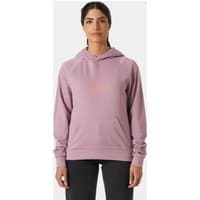 Purple Helly Hansen women’s hoodie with graphic logo, long sleeves, front pocket, and drawstring hood, size S.