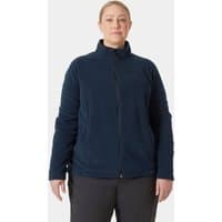 Navy blue Helly Hansen women's fleece jacket with front zipper, high collar, and long sleeves.
