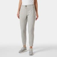 Grey Helly Hansen women’s tracksuit bottoms with elastic waistband, drawstring, and tapered legs, size L.