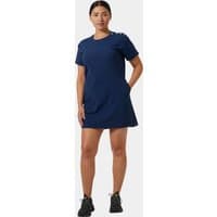Blue Helly Hansen short sleeve dress, knee-length, with round neckline and side pockets, worn by a woman.