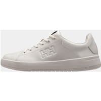 White Helly Hansen women’s Varberg shoes with lace-up design, embossed logo, and smooth leather finish.