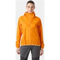 Orange Helly Hansen women’s jacket with hood, front zipper, and logo on chest, lightweight and designed for outdoor use.