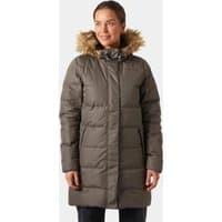 Green Helly Hansen women's long parka with fur-trimmed hood and quilted design, size L.