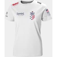 White Helly Hansen women's T-shirt with American Magic logos, sponsor patches, and short sleeves, size M.