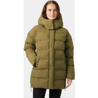 Brown Helly Hansen women's oversized puffy parka with large hood, quilted design, and front pockets, size M.