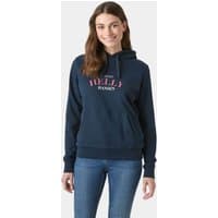 Navy Helly Hansen women's hoodie with pink logo on chest, drawstring hood, and ribbed cuffs, size L.