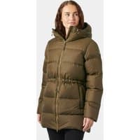 Brown Helly Hansen women's down parka with hood, quilted design, and waist drawstring, size M.