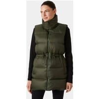 Green Helly Hansen women's down vest, XS, with high collar, quilted design, and adjustable waist.