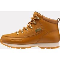 Brown Helly Hansen women's winter boots with leather upper, metal eyelets, padded collar, and rubber sole, size 4.5.