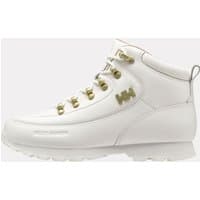 White Helly Hansen women's winter boots with gold eyelets, padded collar, and embossed logo.