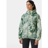 Green Helly Hansen women's rain jacket with graphic pattern, hood, and front zipper, size S.