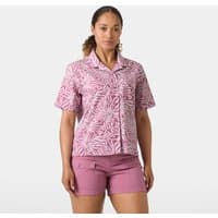 Pink Helly Hansen women's short sleeve shirt with white abstract pattern, button-up front, and collar, size S.