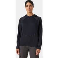 Gray Helly Hansen women's hoodie with long sleeves, drawstring hood, and relaxed fit.
