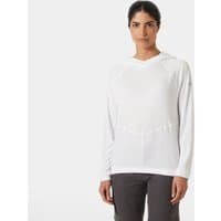 White Helly Hansen women's hoodie with long sleeves, drawstring hood, and subtle logo on chest, size M.