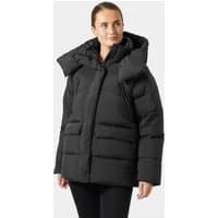 Black Helly Hansen women's puffer jacket, XL, with large hood, quilted design, and front zipper closure.