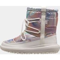 White Helly Hansen women's boot with iridescent upper, padded ankle, and thick sole, featuring lace-up front.