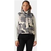 Grey Helly Hansen women's vest with floral pattern, high collar, and front zipper, size M.