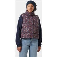 Navy Helly Hansen women's vest, quilted with floral pattern, high collar, sleeveless, size XL.
