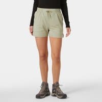 Green Helly Hansen women's shorts, elastic waistband, drawstring, lightweight fabric, worn by model, size XL.