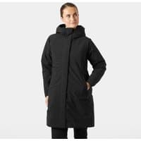 Black Helly Hansen women's insulated raincoat with hood, long length, and front zipper closure.