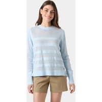 Blue Helly Hansen women's knit sweater, XS, with horizontal textured stripes and long sleeves.