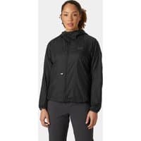 Black Helly Hansen women's windbreaker jacket with hood, front zipper, and elastic cuffs, size L.