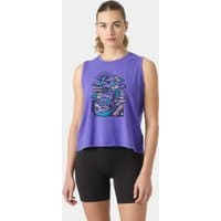 Purple Helly Hansen women's tank top, graphic design on front, sleeveless, relaxed fit, size XS.