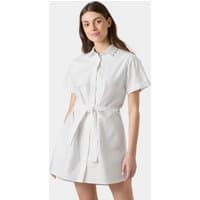 White Helly Hansen shirt dress, short-sleeved, button-down, with a waist tie, worn by a model.
