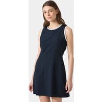 Navy sleeveless dress with a fitted waist and round neckline, worn by a model, by Helly Hansen.