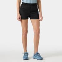 Black Helly Hansen women's trail shorts with elastic waistband, mid-thigh length, lightweight fabric, size XL.