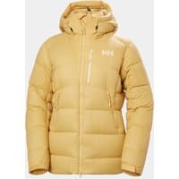 Beige Helly Hansen women's down jacket with hood, front zipper, chest pocket, and logo on chest.
