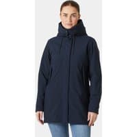 Navy Helly Hansen women's rain jacket with hood, insulated mid-length design, front zipper, and adjustable cuffs.