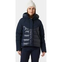 Navy Helly Hansen women's down jacket with hood, quilted pattern, and front zipper closure.