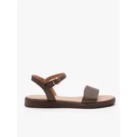 Brown synthetic women's sandals by Ryłko with ankle strap and buckle, flat sole, and open toe design.