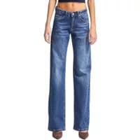 High-rise straight jeans in dark blue denim with classic five-pocket design and button closure.