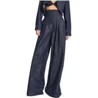 Dark blue high waist palazzo jeans with wide legs and tailored fit, designed for women by It's Basic.