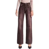 High waist straight jeans in dark brown with front pockets and belt loops, worn by a model with a beige top.