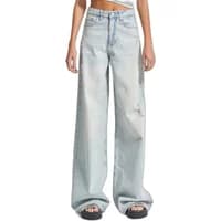 High waist wide leg skater jeans in light blue denim with distressed details and a relaxed fit.