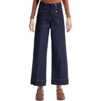 High-waisted relaxed wide-leg jeans in dark blue denim with button details and cuffed hems.