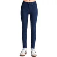 High-waisted skinny jeans in dark blue denim with front pockets and belt loops.
